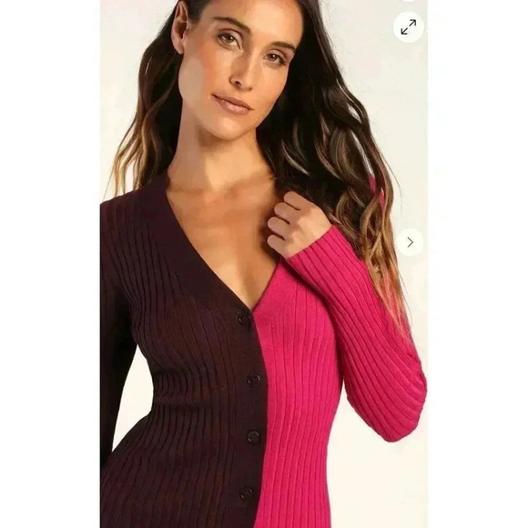 Lulus Charming Combo Pink and Purple Ribbed Button-Front Sweater Dress Size M - Picture 2 of 10